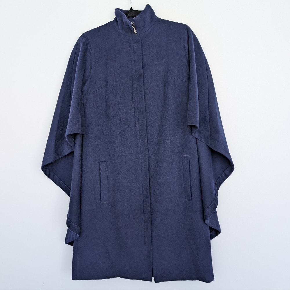 H By Halston Wool Blend Longline Navy Cape Pea Coat Full Zip Sz XXS Clean Girl
